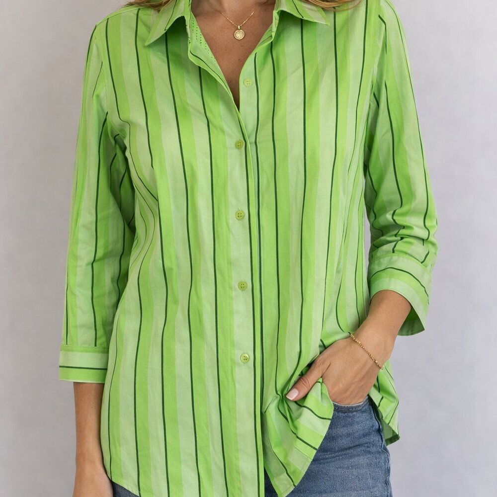 NWOT Foxcroft Green Striped Button Down Blouse 3/4 Sleeve Shirt Women’s 14